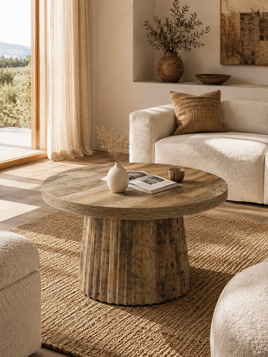 Colonna – Table basse ronde effet bois, pied colonne cannelé