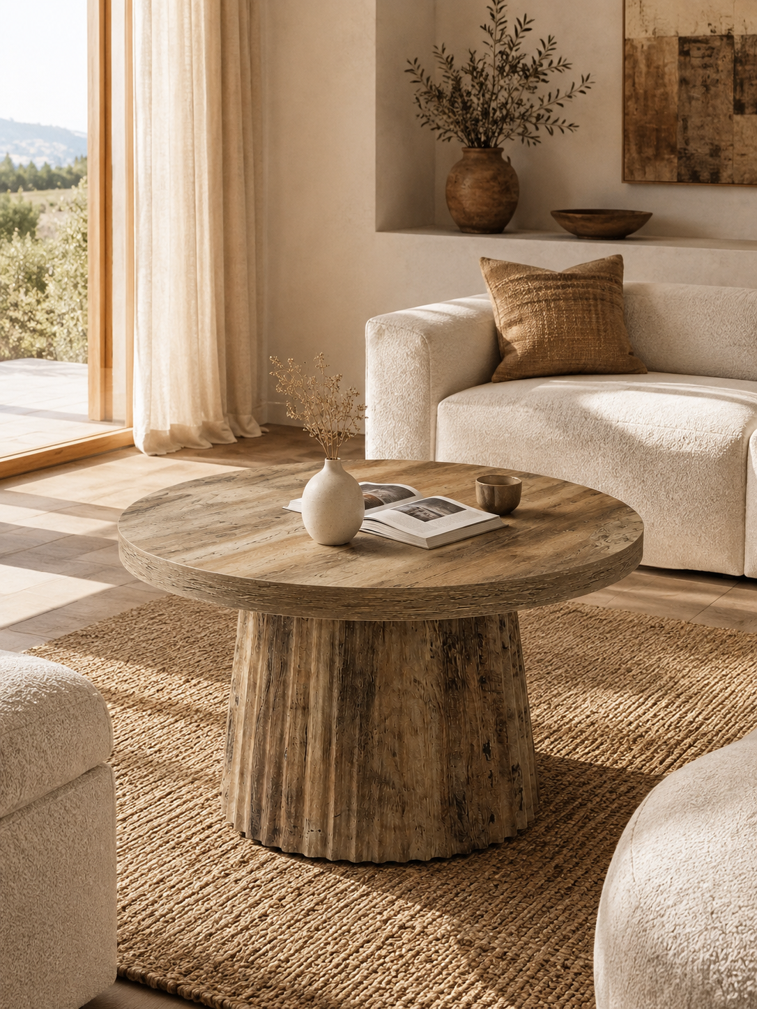 Colonna – Table basse ronde effet bois, pied colonne cannelé