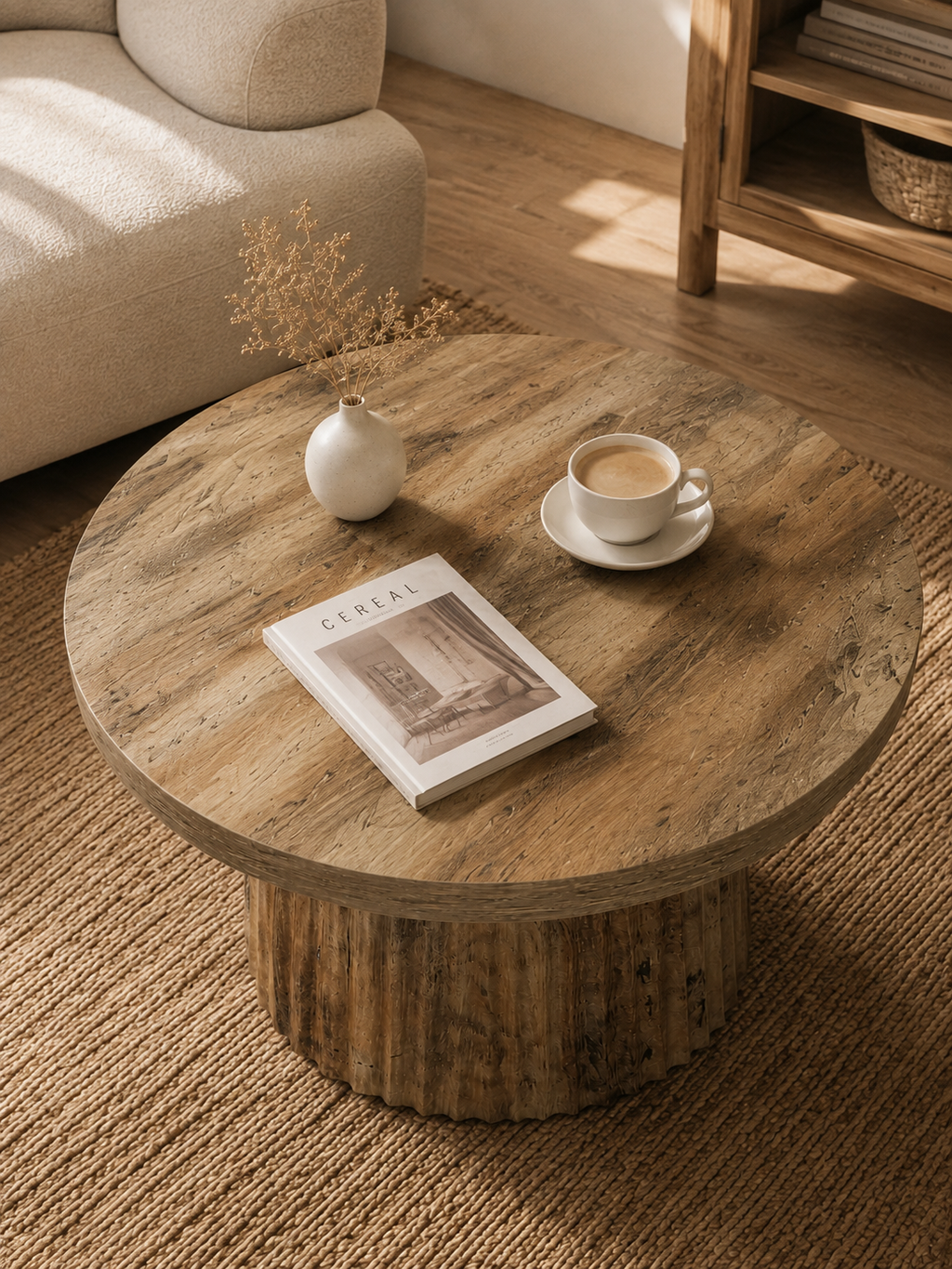 Colonna – Table basse ronde effet bois, pied colonne cannelé