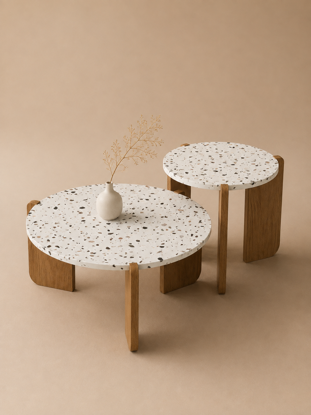 Terrazza – Tables basses gigognes rondes terrazzo, pieds bois