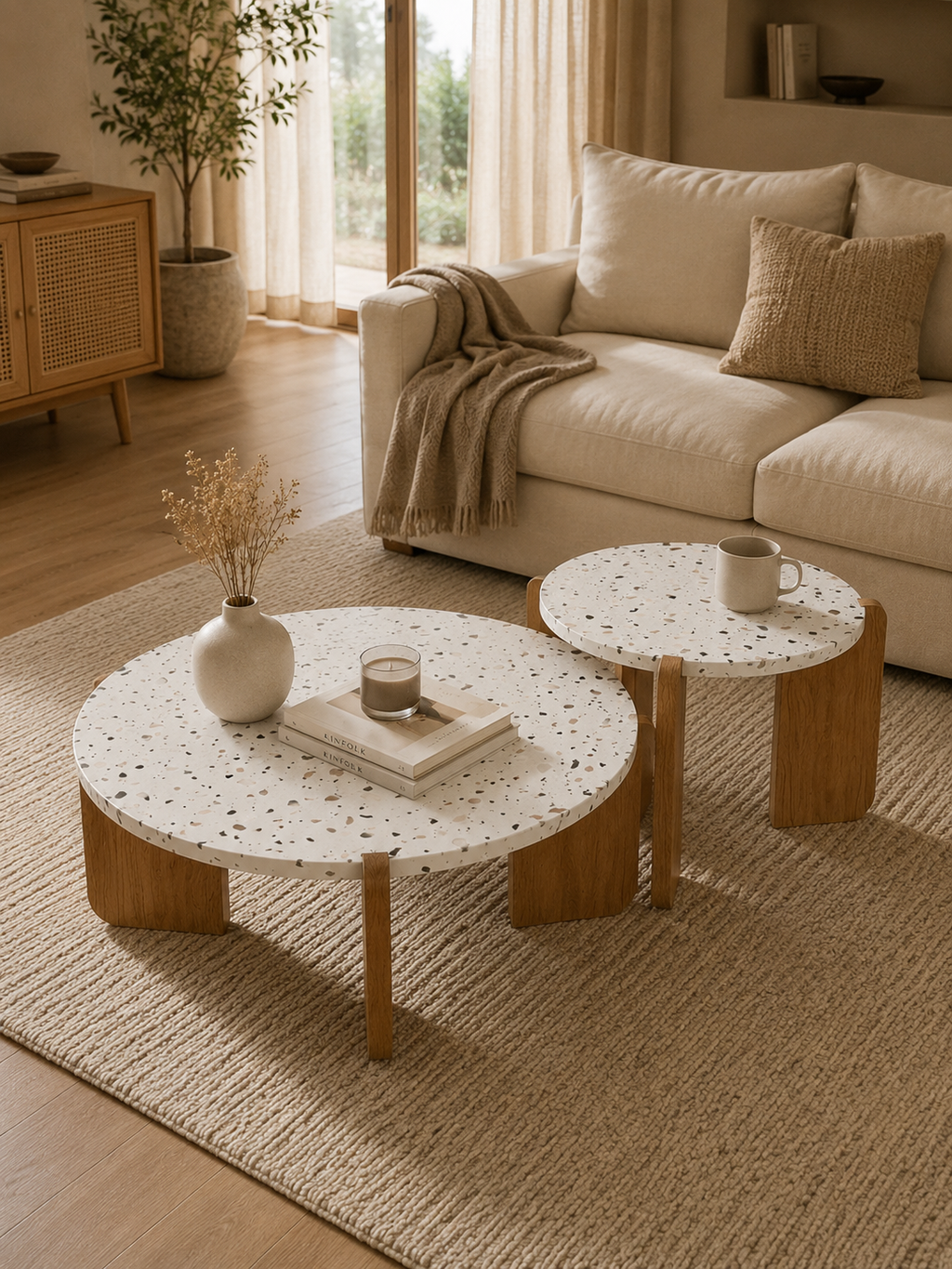 Terrazza – Tables basses gigognes rondes terrazzo, pieds bois