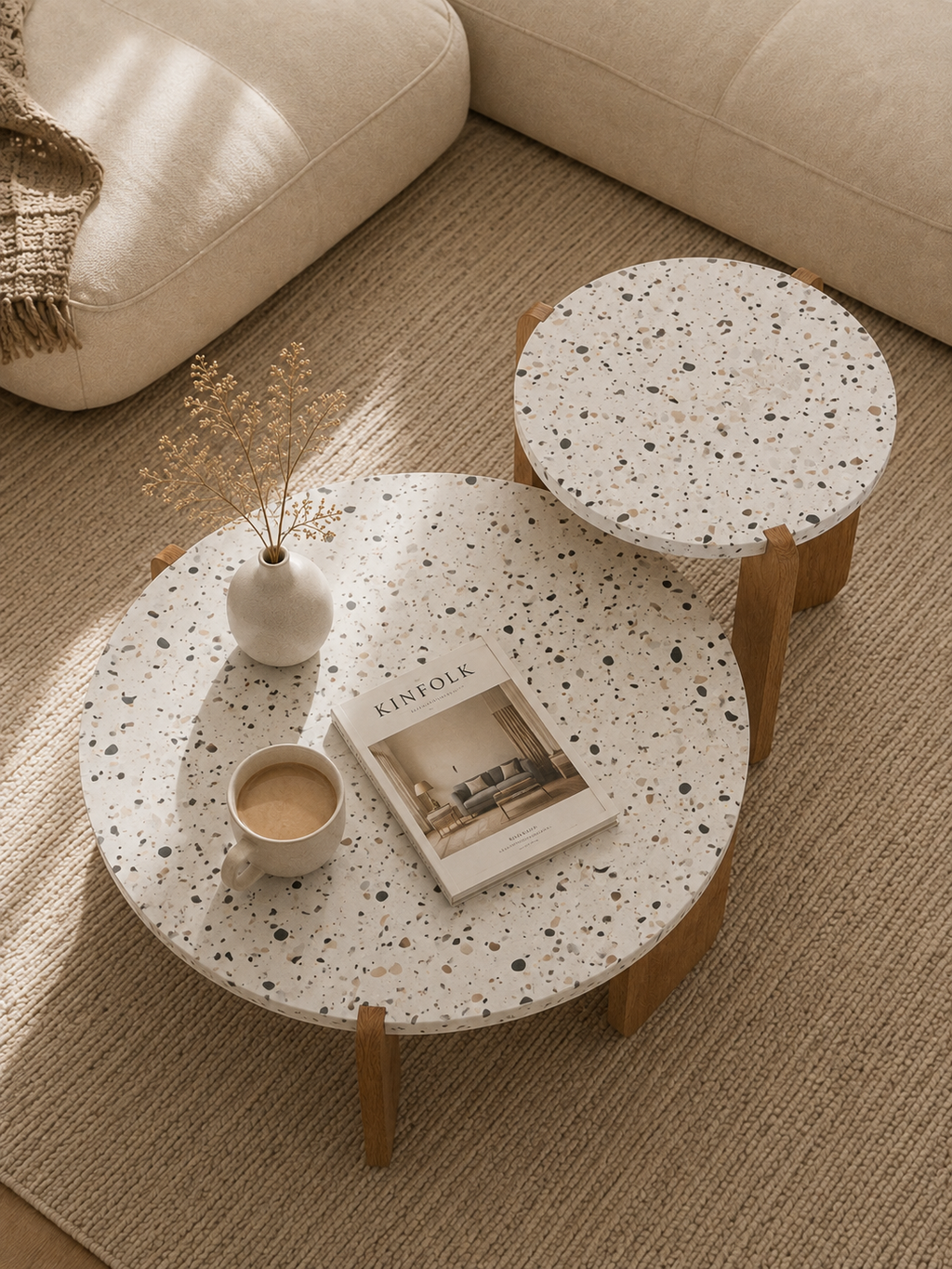 Terrazza – Tables basses gigognes rondes terrazzo, pieds bois
