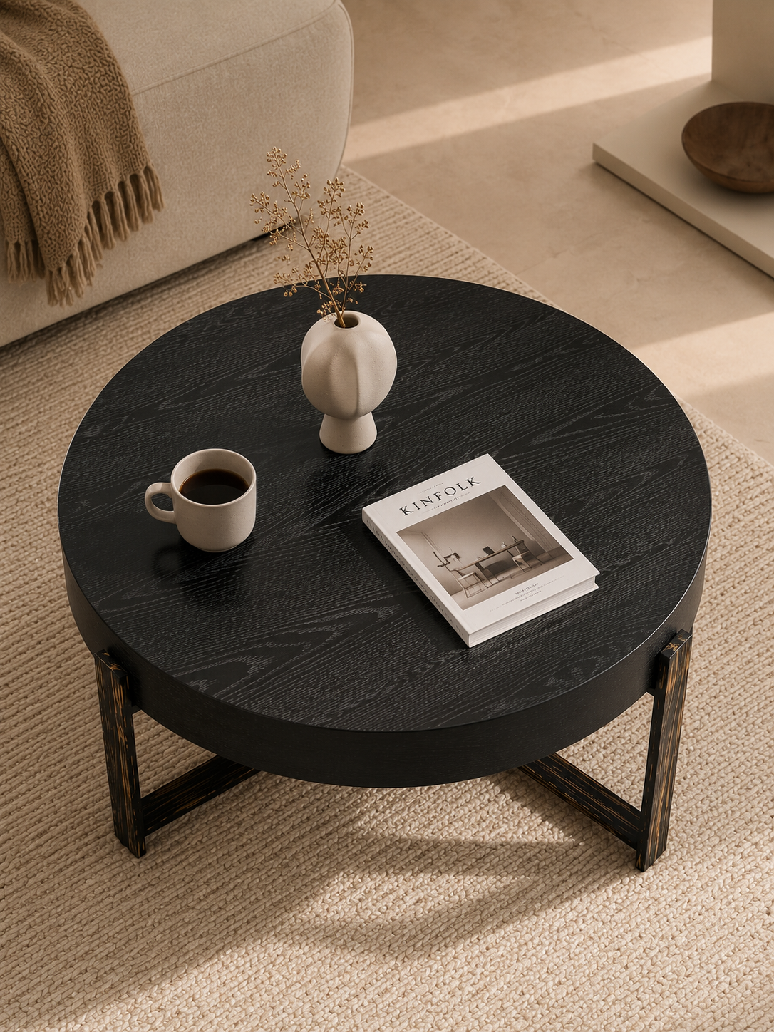 Vintaged – Table basse ronde plateau épais, style vintage
