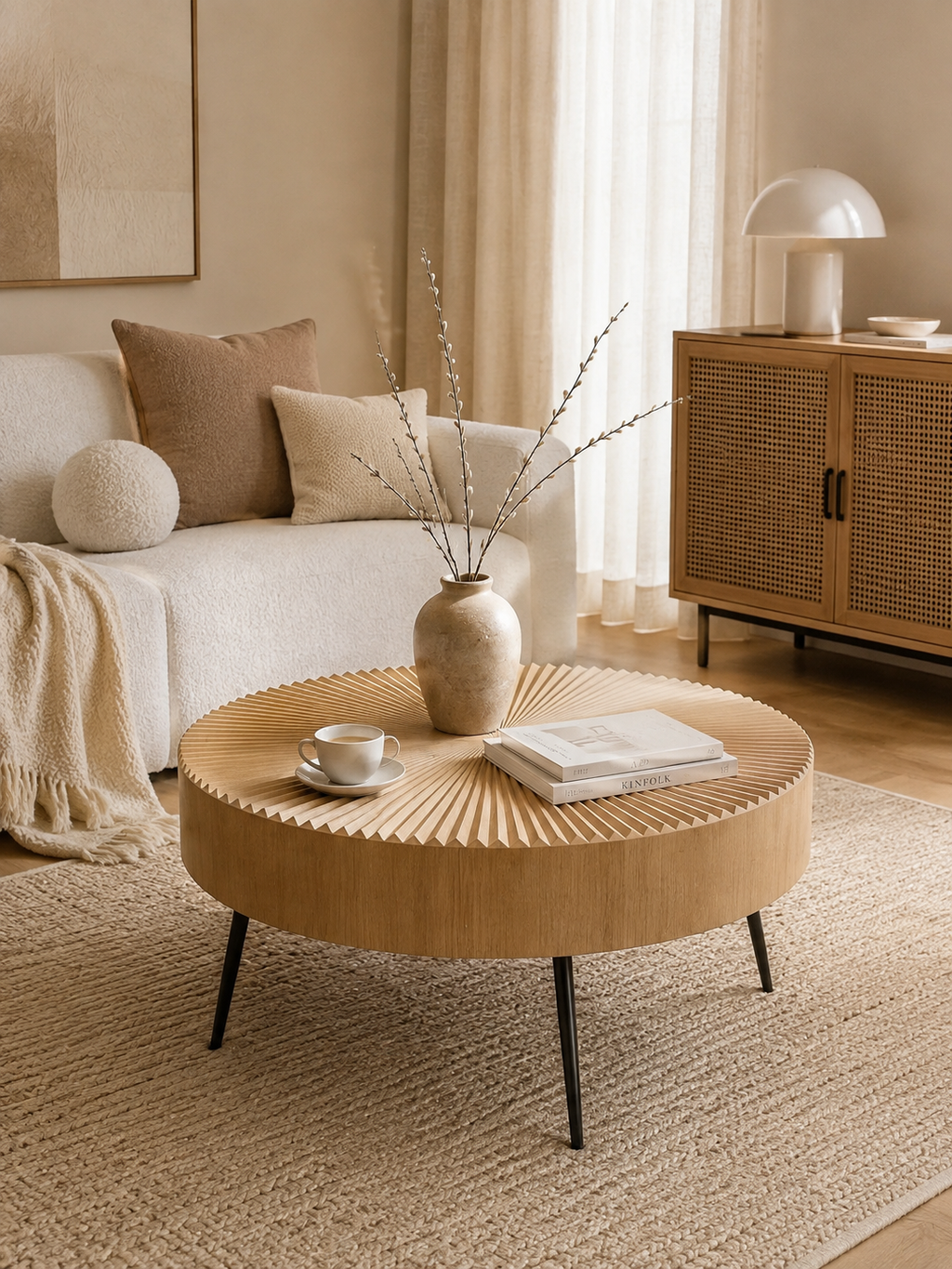 Soleil – Table basse d'appoint ronde bois, style bohème Japandi