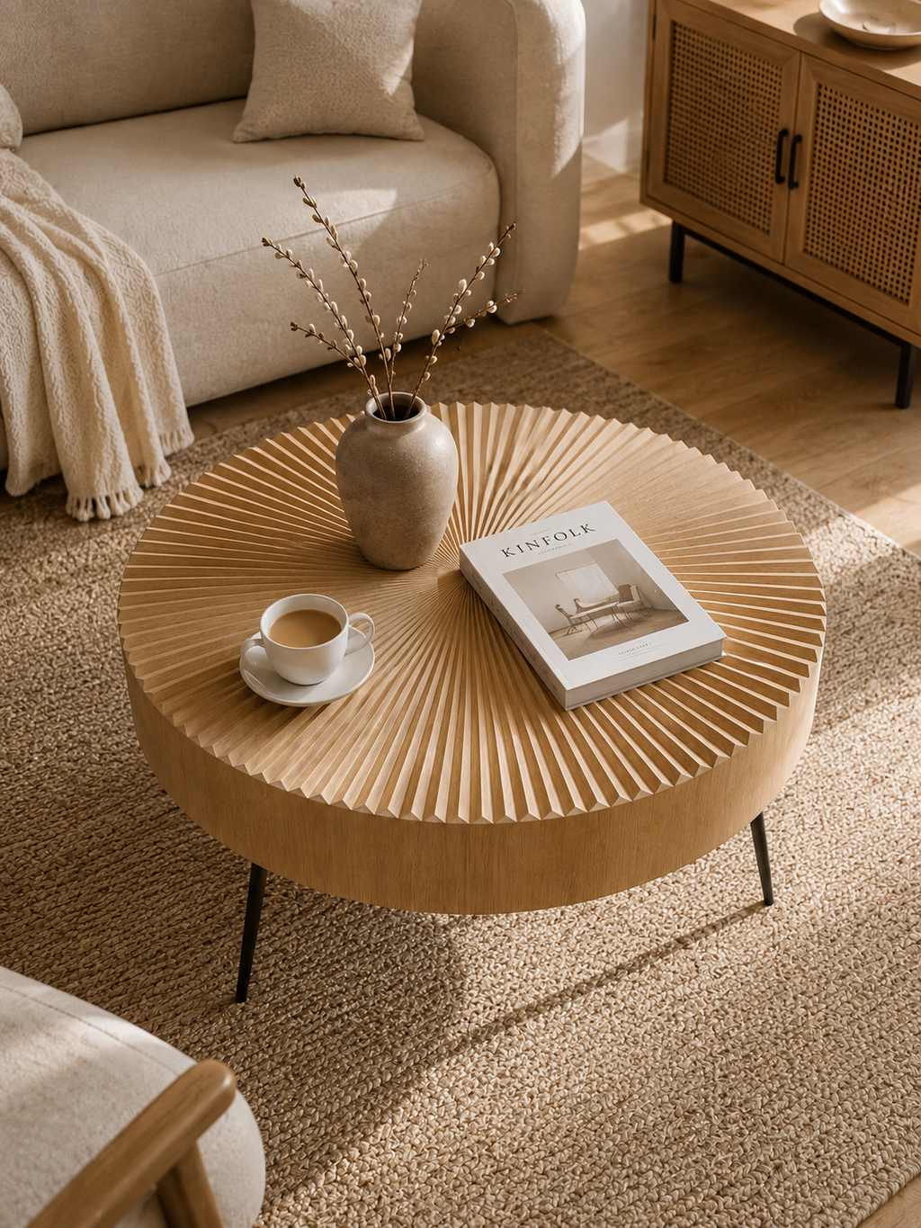 Soleil – Table basse d'appoint ronde bois, style bohème Japandi