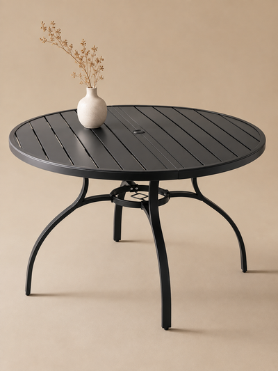 Parasol – Table de jardin ronde 4 à 6 personnes, métal noir