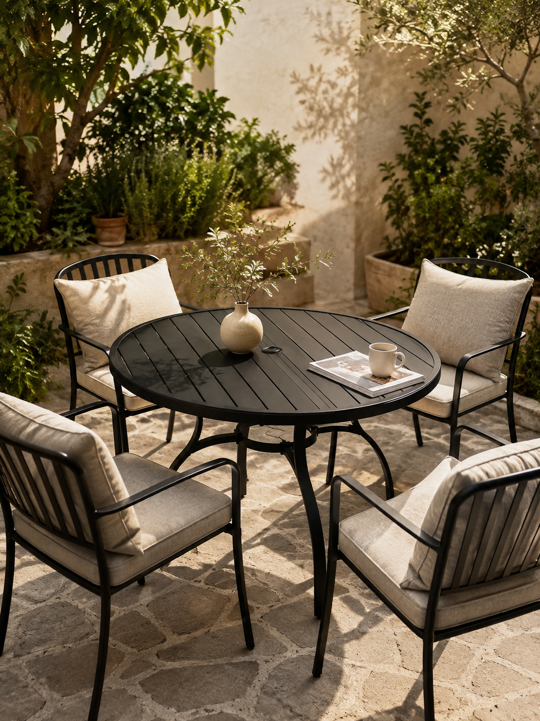 Parasol – Table de jardin ronde 4 à 6 personnes, métal noir