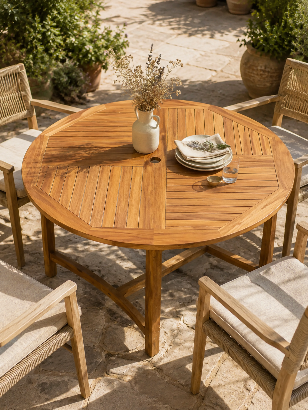 Tecka – Table de jardin ronde 4 personnes, teck massif