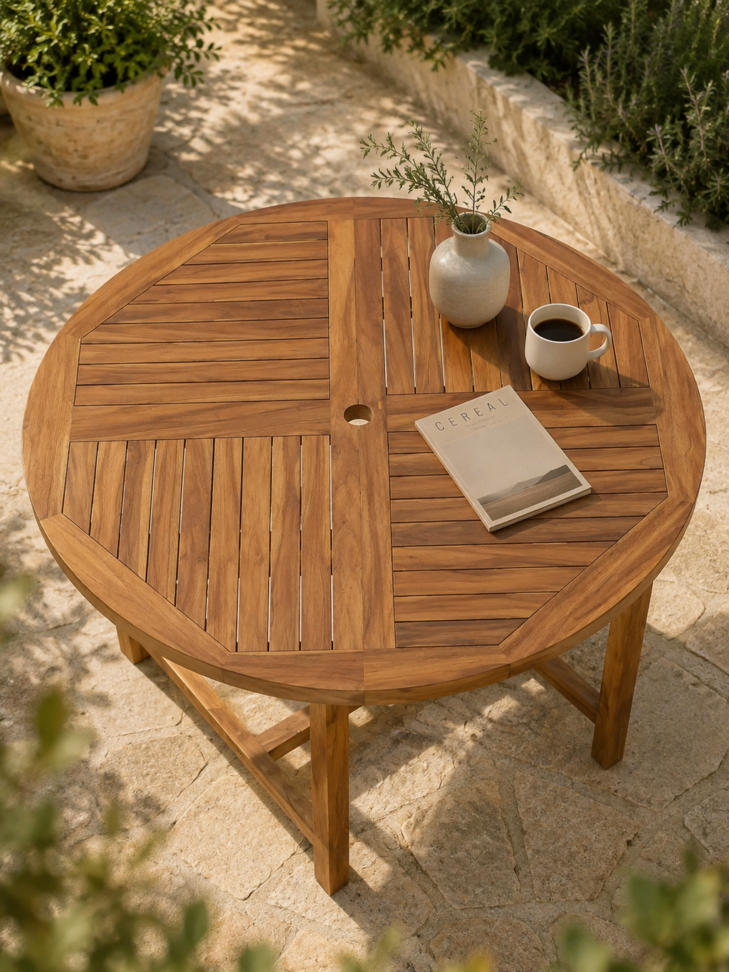Tecka – Table de jardin ronde 4 personnes, teck massif