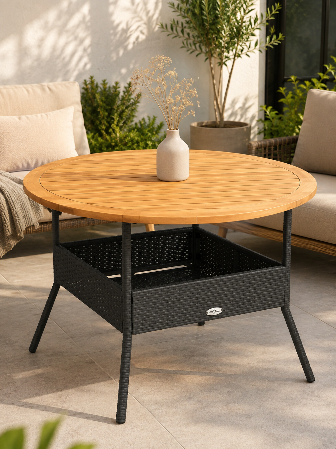 Rotina – Table de jardin ronde 4 personnes, polyrotin noir