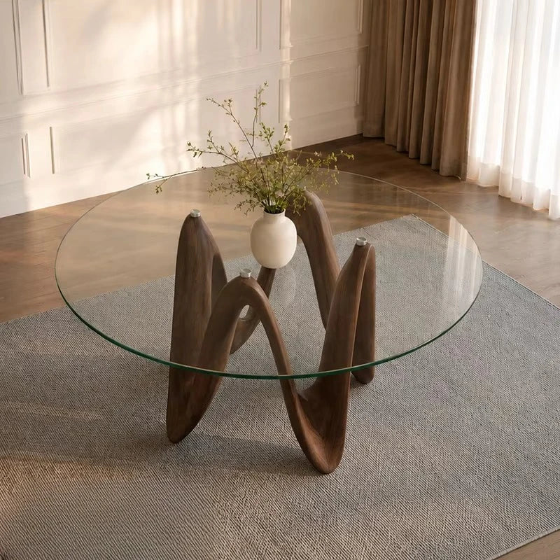Onda – Table ronde à manger 4 à 6 personnes, verre et bois massif